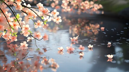 Fototapeta premium Serene water scene adorned with delicate cherry blossoms reflecting on the surface.
