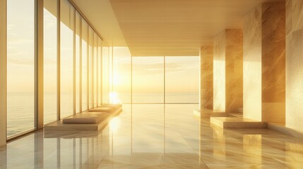 Sunlit ocean-view luxury lobby; sunset; marble; modern design; real estate