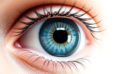 Fototapeta premium Realistic human eyeball with intricate details of blue iris set against a white background, accented by a soft shadow, realistic, close-up, eye