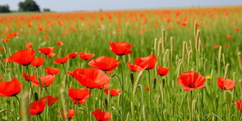 Fototapeta premium Red poppies (Papaver rhoeas) scattered throughout a lush barley field in Hesse, Germany, creating a vibrant contrast of colors, agricultural, red poppies, summer