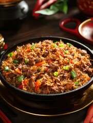 Festive lunar new year celebration featuring delicious claypot rice with preserved meats home kitchen food warm atmosphere