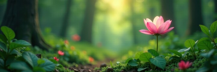 Fototapeta premium serene forest landscape with a single blooming flower, flowers, outdoors, selective focus