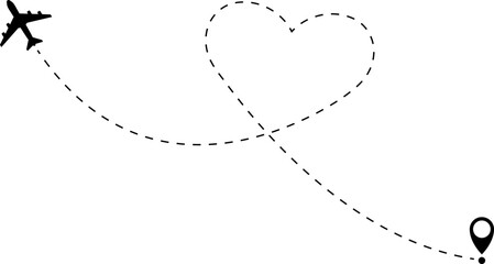 Airplane line path vector icon of air plane flight route with start point and dash dotted line trace. Love travel route. Airplane routes. Travel vector icon.