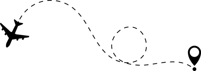 Airplane line path vector icon of air plane flight route with start point and dash dotted line trace. Love travel route. Airplane routes. Travel vector icon.