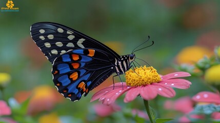 Vivid blue butterfly on pink flower.