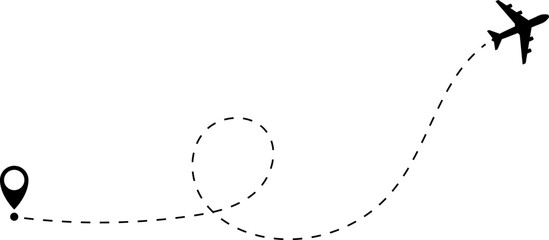 Airplane line path vector icon of air plane flight route with start point and dash dotted line trace. Love travel route. Airplane routes. Travel vector icon. © Volodymyr