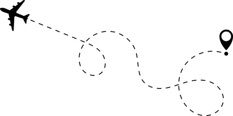 Airplane line path vector icon of air plane flight route with start point and dash dotted line trace. Love travel route. Airplane routes. Travel vector icon.