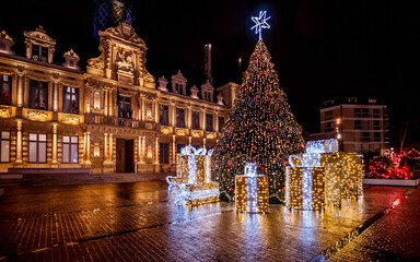 Christmas tree in front of Reims town hall at night
