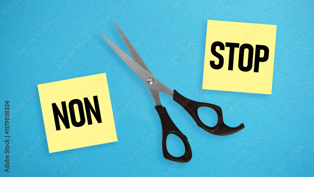 Poster words non stop and scissors between them as concept of goal achievement and potential overcoming