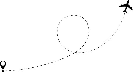 Airplane line path vector icon of air plane flight route with start point and dash dotted line trace. Love travel route. Airplane routes. Travel vector icon.
