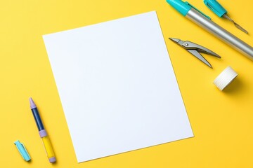 A white sheet of paper sits on a yellow background with a pair of scissors