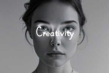 Creativity in the Eyes: A woman's portrait, in a black and white aesthetic, with the word "Creativity"  artfully written across her eyes.