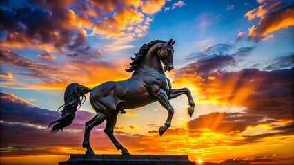 Majestic Silhouette of a Plump Horse Statue at Sunset