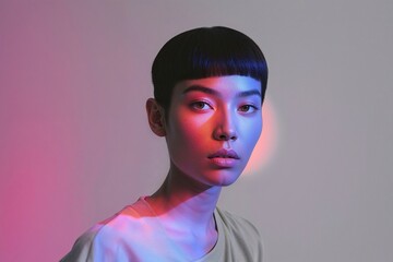 Portraits in Neon:  A fashion portrait of a young woman with short, dark hair, lit with a vibrant blue and red neon light, creates a striking and ethereal aesthetic.