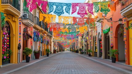 Fototapeta premium Colorful Street Decorated with Papel Picado Banners