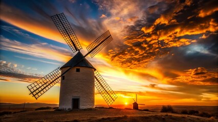 Majestic Spanish Windmill Silhouette: Low Angle View of Rotating Blades at Sunset