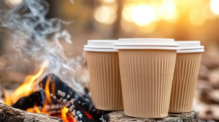 Cozy Coffee Cups by a Campfire in Nature