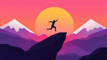 Energetic silhouette of a person jumping off a rock with majestic mountains and a vibrant sunset in the background