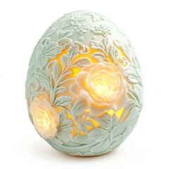 Illuminated floral egg, delicately carved, pastel green