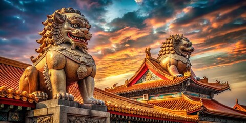 Majestic Stone Lions Guarding Ancient Palace Roof - Imperial China Architecture