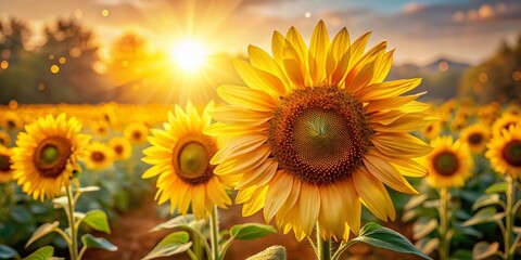 Obraz premium Majestic Sunflowers Field with Bokeh, Vibrant Yellow Blooms, Summer Nature Photography
