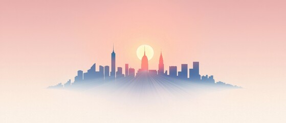 Fototapeta premium Silhouette of a City Skyline at Sunrise with Soft Pink and Orange Sky for Urban, Travel, and Nature Themes