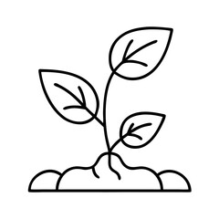 Plant icon with leaves growing from soil, minimalist design, black lines on white background, copy space