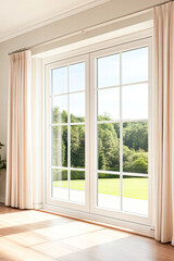 Fototapeta premium Bright and airy living room with large windows home interior design modern natural light tranquility