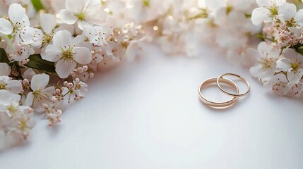 An elegant floral arrangement featuring white and pink flowers with intertwined gold rings, ideal for wedding invitations, engagement announcements, or romantic events.