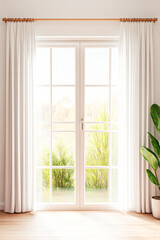 Fototapeta premium Sunlit window view with greenery modern home interior design bright atmosphere indoor perspective