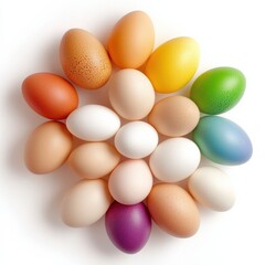 Rainbow of eggs arranged in a floral pattern