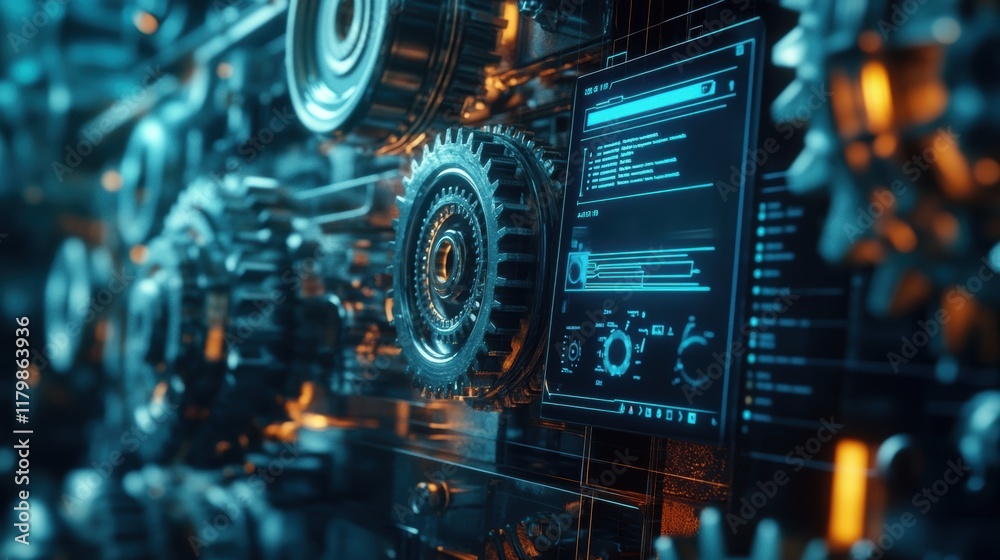 Poster complex machinery with gears rotating and a futuristic screen displaying data analysis and performan