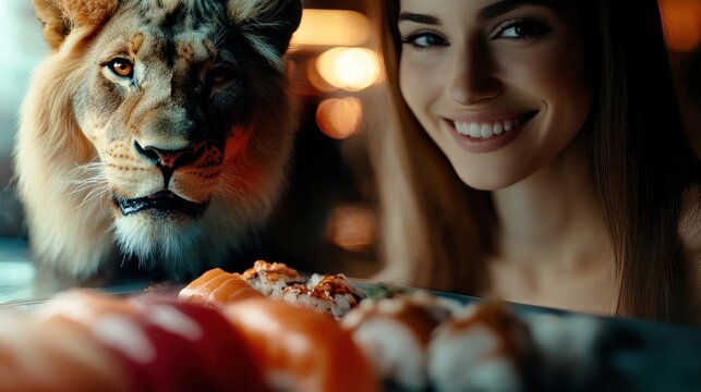 Woman, lion, sushi, restaurant, bokeh, dinner, unusual,  photo