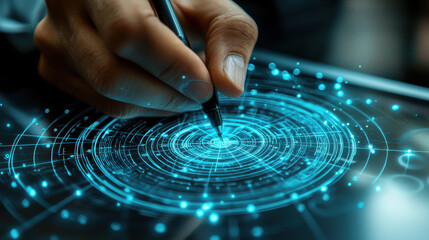 hand drawing digital design on tablet with glowing blue lines