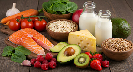 Selection of healthy food on rustic wooden background.
