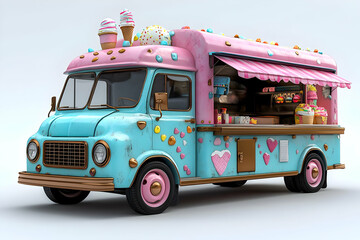 Whimsical Pastel Candy Food Truck: A Delightful 3D Rendering of a Retro Ice Cream and Pastry Van