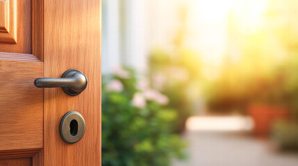 Obraz premium Opening a wooden door to a bright garden close-up natural light serene atmosphere