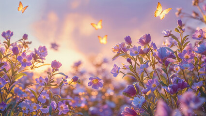 Obraz premium Butterflies flying over blooming purple flowers at sunset
