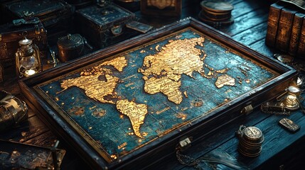 Fototapeta premium Antique world map displayed on wooden table with nautical items; adventure planning.