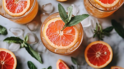 Top view of refreshing citrus drinks garnished with grapefruit slices and mint leaves, surrounded by ice cubes and additional grapefruit halves on a marble surface.
