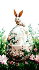 Cartoon-style bunny joyfully painting a large Easter egg in a vibrant garden filled with colorful flowers on a sunny spring day