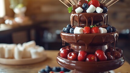 A chocolate fountain with skewers of fruit and marshmallows nearby