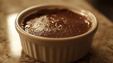 Chocolate custard in a ceramic dish with caramelized sugar crust on top