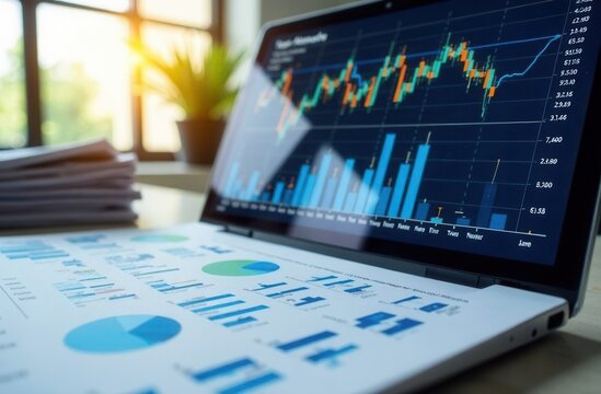 AI in financial forecasting displayed on financial charts, office environment, clear composition showing numbers and graphs, organized lighting emphasizing clarity