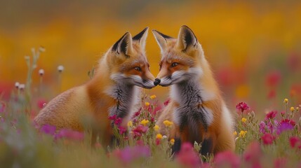Obraz premium A pair of foxes in love, sharing tender moments amidst vibrant wildflowers