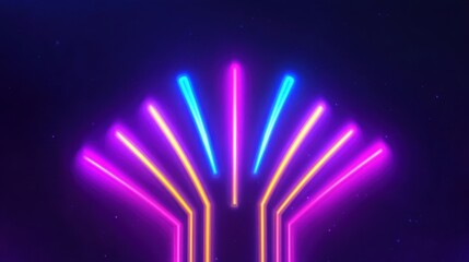 Abstract composition of vibrant neon lines radiating from a central point on a dark background, creating a futuristic and energetic atmosphere