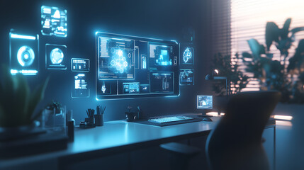 Naklejka premium Futuristic Workspace with Holographic Interfaces – Modern Technology and Digital Innovation Concept