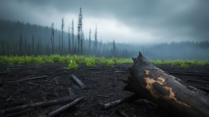 deforestation and forest concept. A misty forest landscape with charred logs and new green growth emerging.