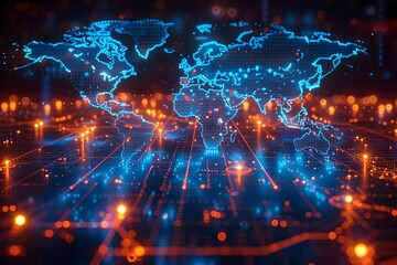 Studio Portrayal of a D Abstract World Map with Illuminated Trade Routes Connecting Global Cities