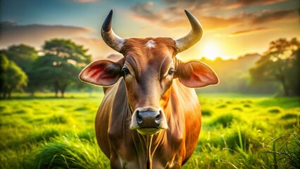 Majestic Zebu Cow Portrait: Horned Cattle in Lush Field